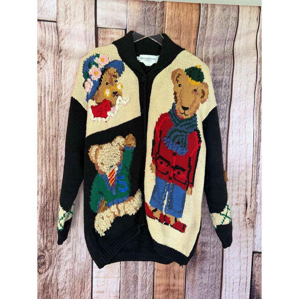 The Eagle's Eye Teddy Bear Hand Knit Chunky Cardigan Vintage 90s Teacher Large